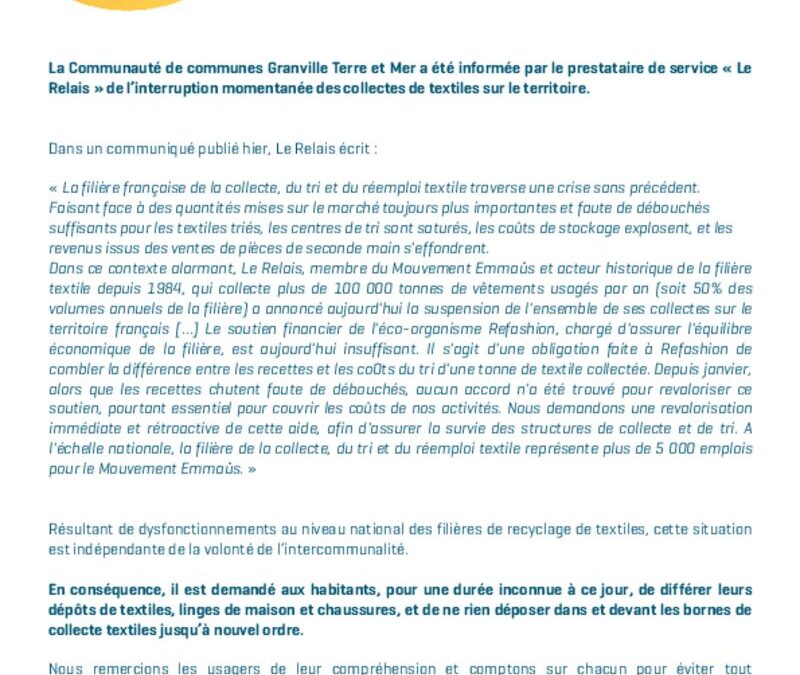 Interruption temporaire des collectes de textiles