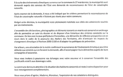 Information suite – Episode de grêle du 27 mai 2026 – Non reconnaissance de l’état de catastrophe naturelle