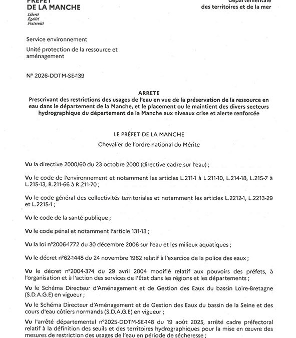 Préfecture de la Manche : arrêté sécheresse en date du 04/08/2026