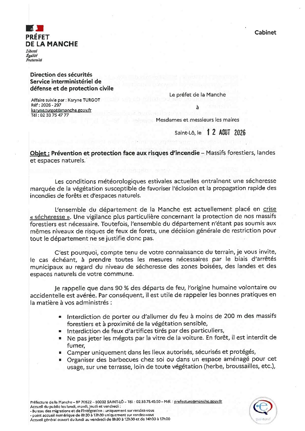 Préfecture de la Manche : Prévention et protection face aux risques d’incendie, 12 août 2026