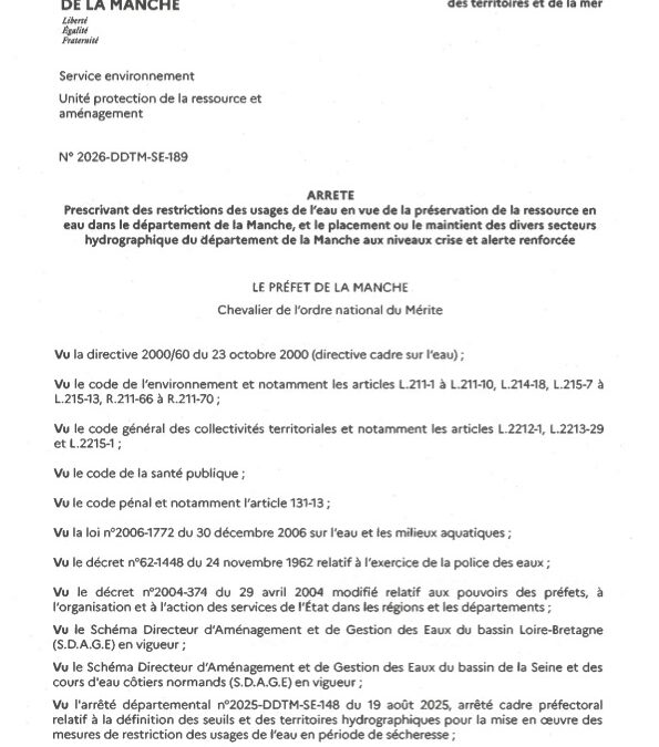 Préfécture de la Manche – Arrêté sécheresse – Septembre 2026